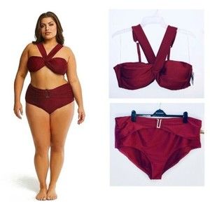 Time Tru 3X Maroon Bikini Top Bottom Convertible Gold U Trim NWT $37